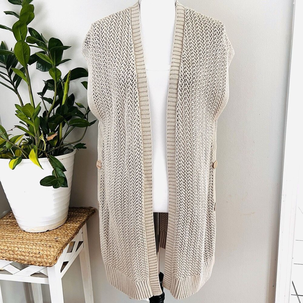 NWT Soft Surroundings Beige Knit Button Side Earthy Natural Boho Cardigan M $110